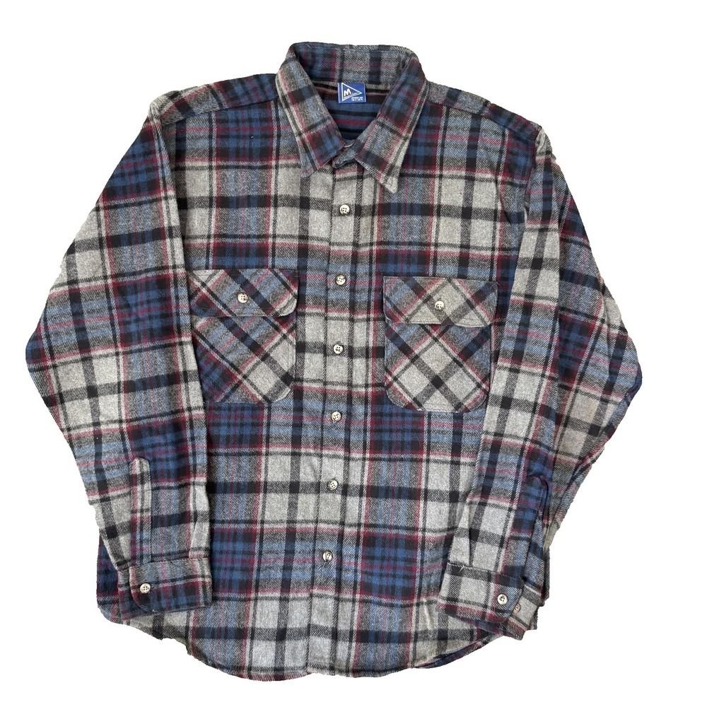 VTG Mighty Mac Shirt Mens Large Gray Plaid Flannel Long Sleeve Button Up‎ Casual